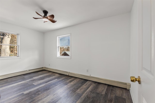 spare room featuring ceiling fan, plenty of natural light, dark hardwood / wood-style floors, and a baseboard heating unit