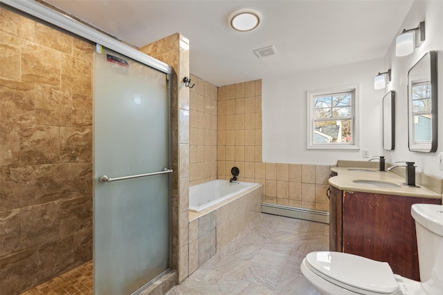 full bathroom with plus walk in shower, a baseboard radiator, toilet, vanity, and tile walls