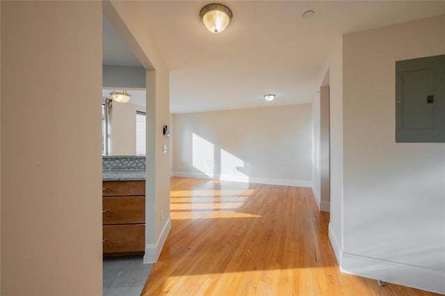 hallway with wood-type flooring and electric panel