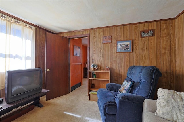 living area featuring carpet floors, a textured ceiling, and wood walls