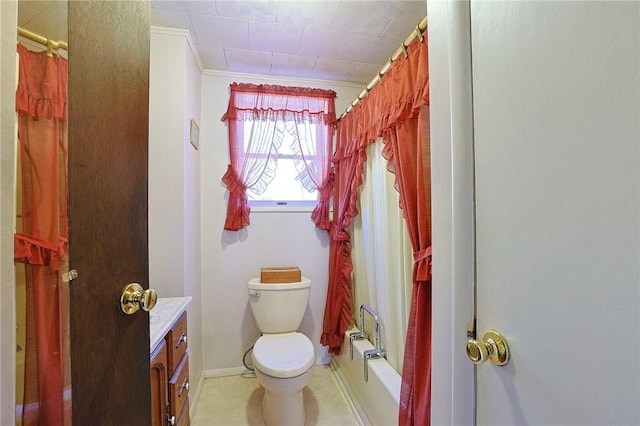 full bathroom featuring vanity, shower / bath combo, ornamental molding, and toilet