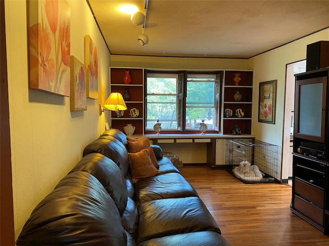 living room featuring hardwood / wood-style floors and built in features