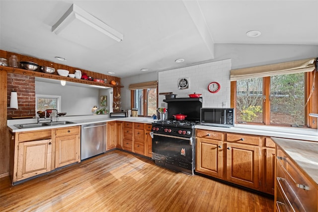 kitchen featuring backsplash, gas stove, light hardwood / wood-style floors, stainless steel dishwasher, and sink