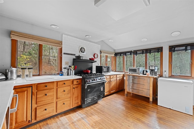 kitchen with light wood-type flooring, decorative backsplash, a healthy amount of sunlight, and black appliances