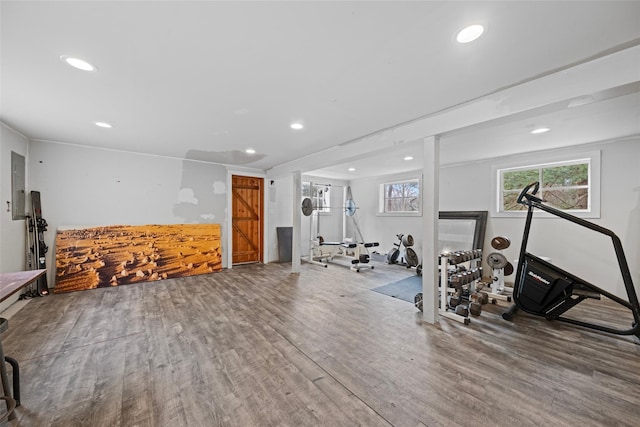 exercise room with wood-type flooring and electric panel