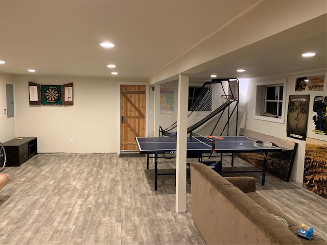 recreation room with wood-type flooring and electric panel