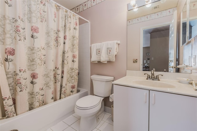 full bathroom featuring tile patterned floors, vanity, shower / bath combination with curtain, and toilet