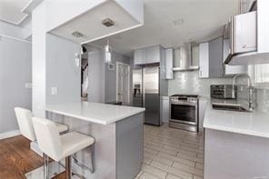 kitchen featuring wall chimney range hood, sink, a breakfast bar area, kitchen peninsula, and stainless steel appliances