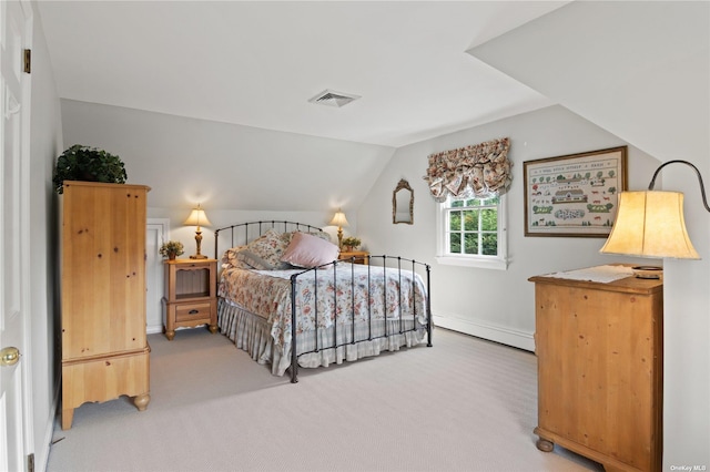 carpeted bedroom with vaulted ceiling and baseboard heating