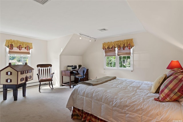 bedroom with light colored carpet, lofted ceiling, and rail lighting