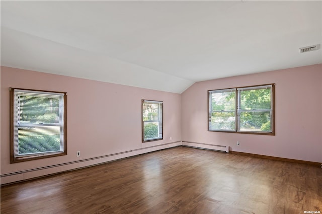 unfurnished room with hardwood / wood-style flooring, lofted ceiling, and a baseboard radiator