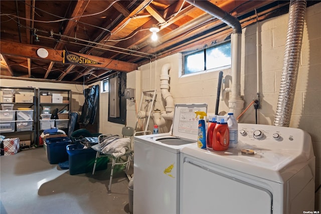 clothes washing area with washer and dryer and electric panel