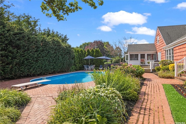 view of swimming pool featuring a patio area, a diving board, a wooden deck, and a sunroom