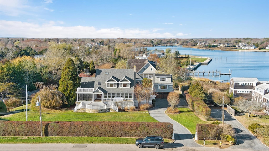 drone / aerial view featuring a water view