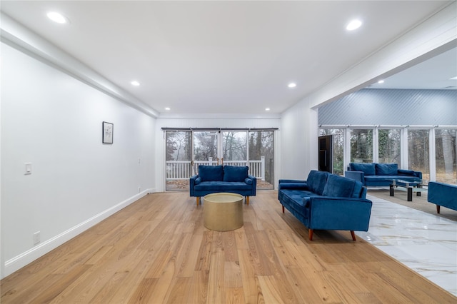 living room with light hardwood / wood-style flooring