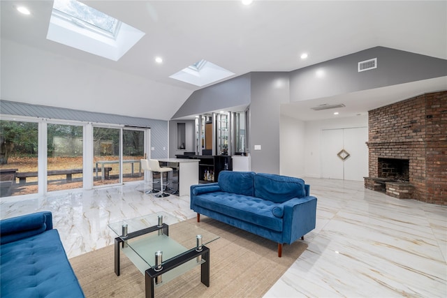 living room featuring a fireplace and vaulted ceiling