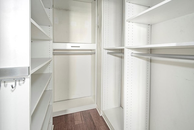 walk in closet with dark hardwood / wood-style floors