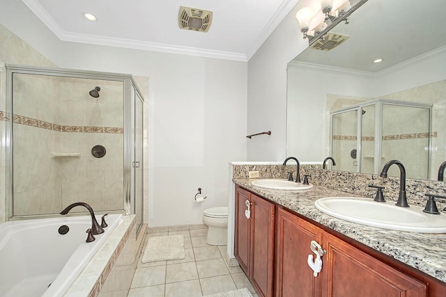 full bathroom featuring tile patterned floors, vanity, toilet, and ornamental molding