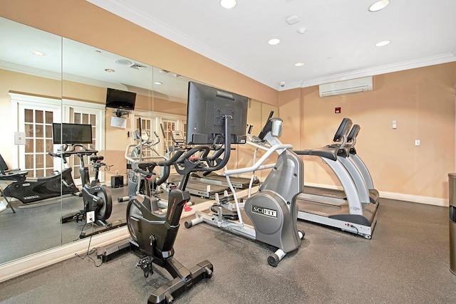 workout area featuring a wall mounted AC and crown molding