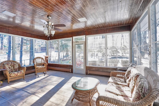 sunroom / solarium featuring baseboard heating, wooden ceiling, and a ceiling fan