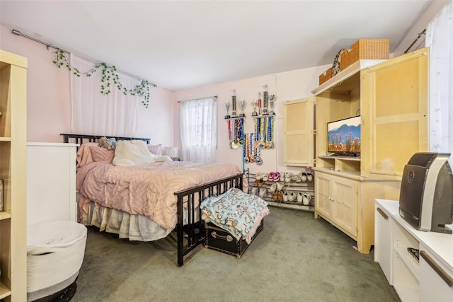 bedroom featuring dark carpet