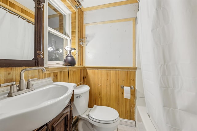 bathroom with vanity, wood walls, and toilet