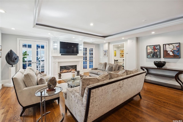 living room with french doors, a tray ceiling, and hardwood / wood-style floors