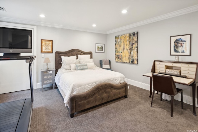 carpeted bedroom with crown molding