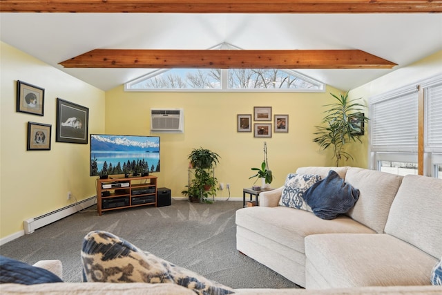 living room featuring carpet, a baseboard heating unit, beamed ceiling, a healthy amount of sunlight, and a wall unit AC