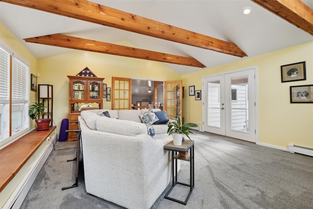 carpeted living room featuring french doors, lofted ceiling with beams, and a baseboard heating unit