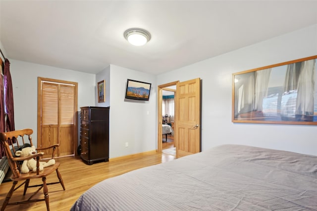 bedroom with wood-type flooring and a closet