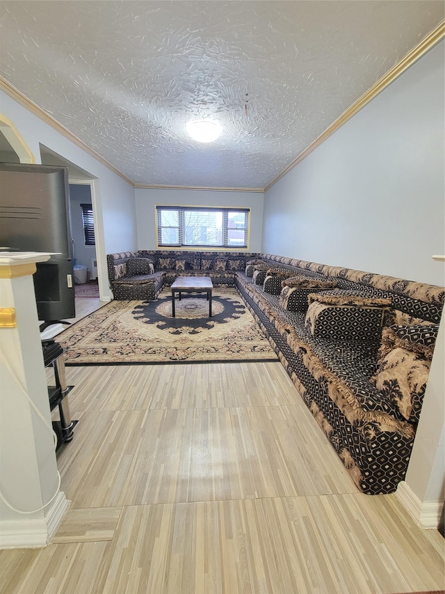 living room featuring crown molding and a textured ceiling