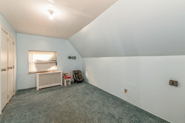 additional living space featuring carpet, radiator, and lofted ceiling