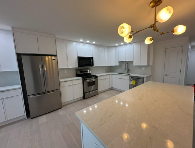 kitchen with sink, hanging light fixtures, decorative backsplash, white cabinets, and appliances with stainless steel finishes