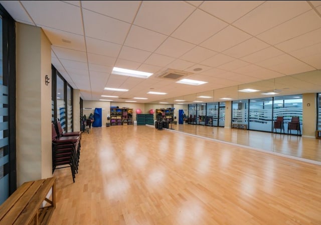 workout area with a paneled ceiling and light hardwood / wood-style flooring