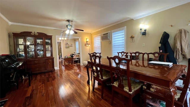 dining area with a wall mounted air conditioner, ceiling fan with notable chandelier, dark wood-type flooring, and crown molding