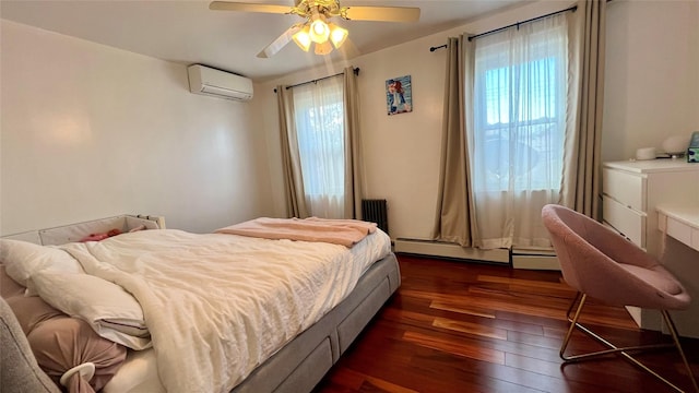 bedroom with a wall unit AC, ceiling fan, dark hardwood / wood-style flooring, and radiator heating unit