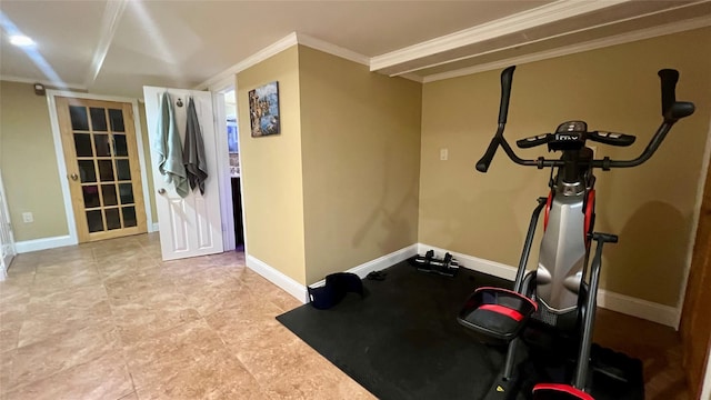 workout area with crown molding