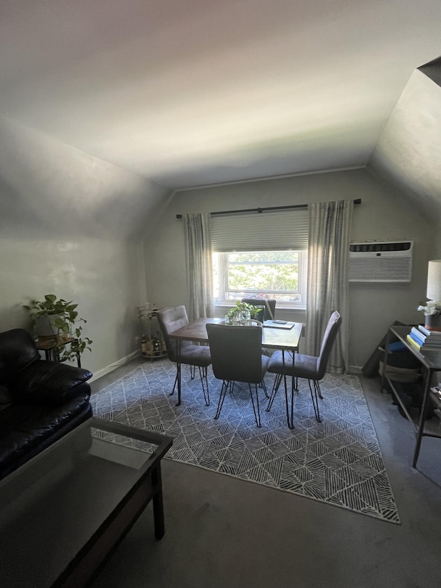 dining space featuring a wall mounted air conditioner, carpet, and vaulted ceiling