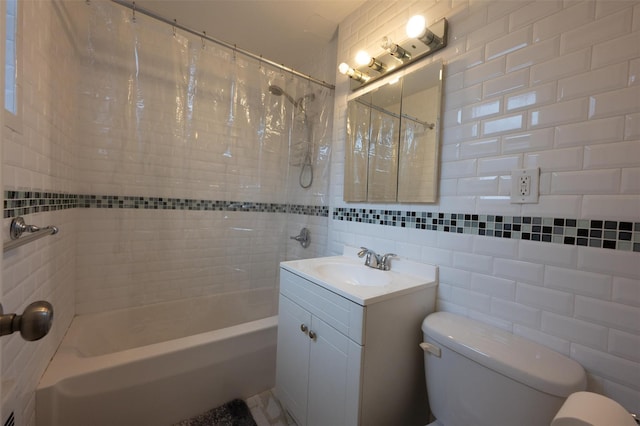 full bathroom with shower / tub combo, tasteful backsplash, vanity, tile walls, and toilet