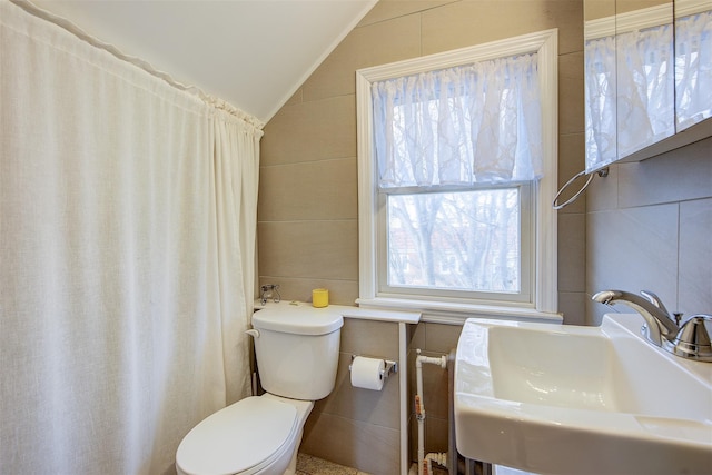 bathroom with vaulted ceiling, toilet, and sink