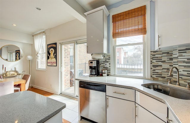 kitchen with tasteful backsplash, sink, stainless steel dishwasher, and white cabinets