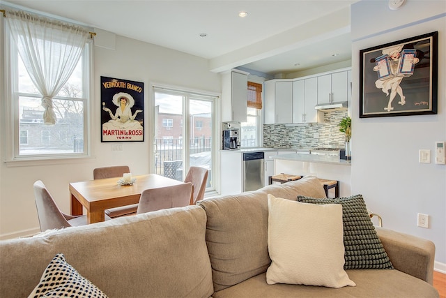 interior space with decorative backsplash, stainless steel dishwasher, and white cabinets