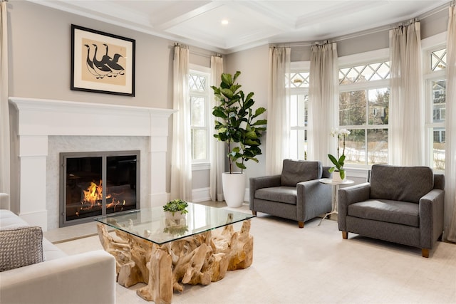 living room with coffered ceiling, beam ceiling, and ornamental molding