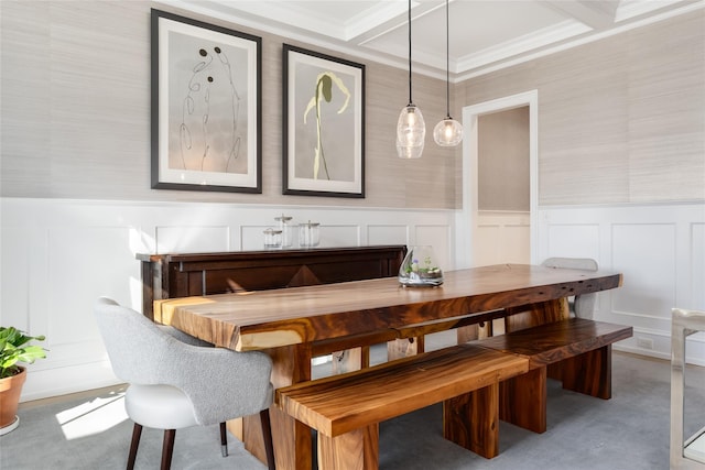 dining room with crown molding and beam ceiling