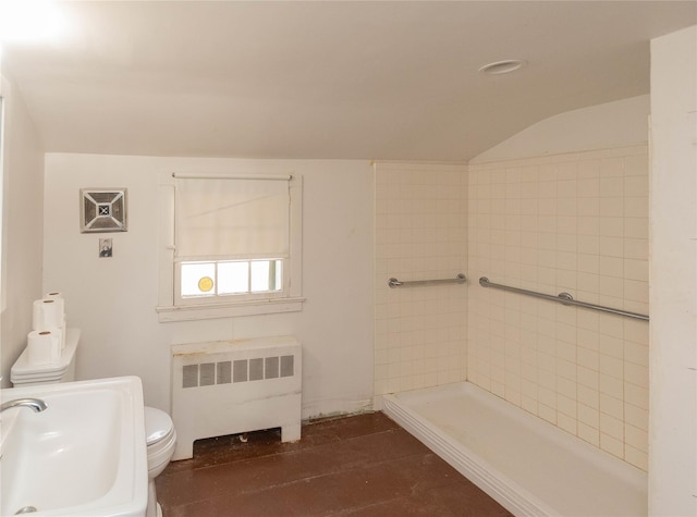 bathroom featuring radiator heating unit, sink, an AC wall unit, wood-type flooring, and toilet