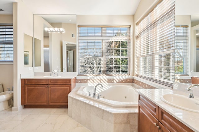 bathroom featuring vanity, a bidet, a wealth of natural light, and tiled tub