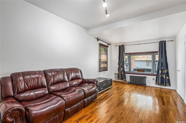 living room featuring hardwood / wood-style flooring and radiator