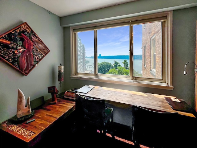 home office featuring a water view and wood-type flooring