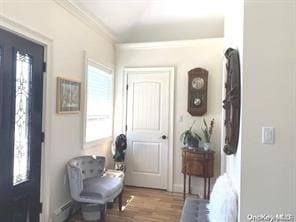 entryway with ornamental molding and wood finished floors